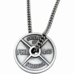 Promo 👏 Shields Of Strength Men's Stainless Steel Stack Plate Dumbbell Necklace, Phil 4:13 😍