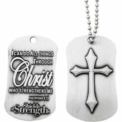 Brand new ✔️ Shields Of Strength Philippians 4:13 Antique Finish 🐶 Dog Tag With Cross Necklace 😀